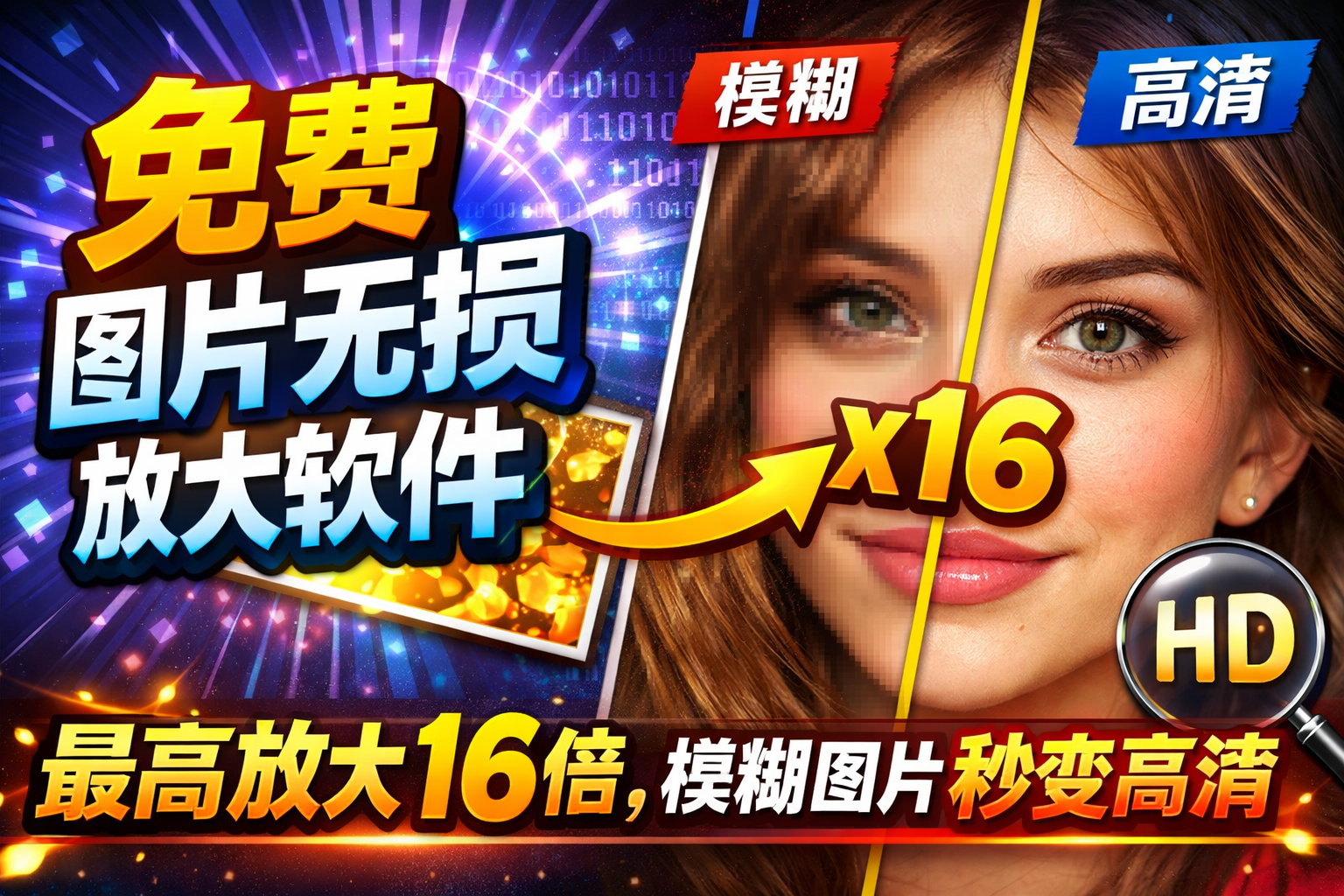 免费图片无损放大软件，最高放大16倍，模糊图片秒变高清，多模型可选，体积小巧-数字宝库